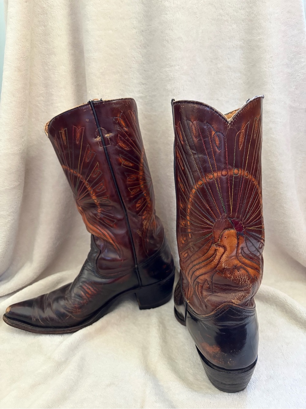 Vintage Texas USA Made Leather Western Cowboy Peacock Design Boots - Picture 15 of 16